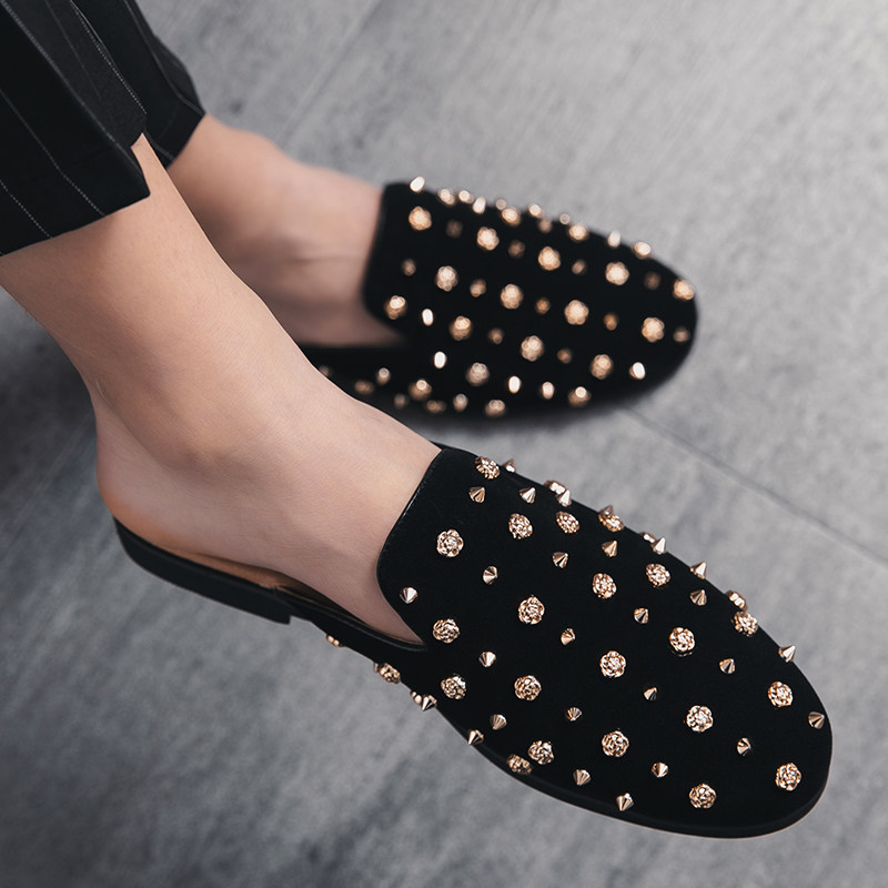 半拖鞋男夏季网红镶钻无后跟懒人皮鞋男包头休闲凉拖外穿豆豆鞋潮