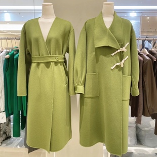 小众设计牛油果青苹果绿双面呢牛角扣羊毛中长款修身手工大衣外套