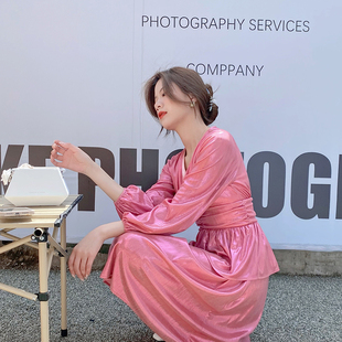 人鱼姬闪光亮面长袖连衣裙 微醺香槟色限定款 高定银粉法式礼服裙