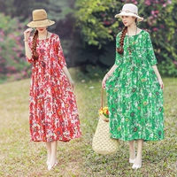 2019 xuân hè mới gió quốc gia phụ nữ ăn mặc cotton retro và vải lanh cổ tròn rộng mỏng đầm dài - váy đầm váy đầm