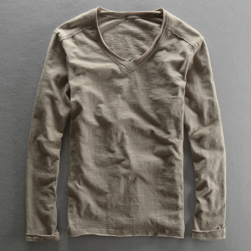 竹节棉圆领长袖T恤男士纯棉秋衣打底衫宽松纯色日系休闲体恤上衣