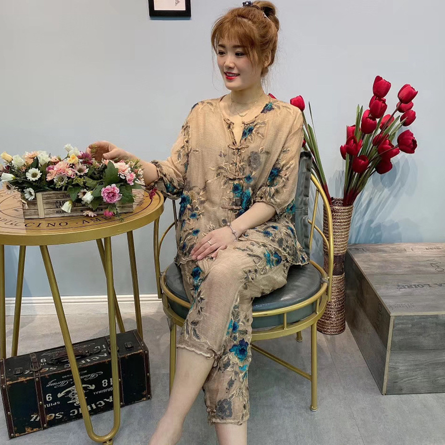 真丝套装女民族风刺绣盘扣大码减龄洋气质桑蚕丝七分袖裤子两件套