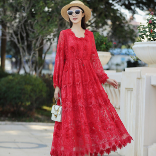 真丝桑蚕丝连衣裙女复古红喜婆婆喜妈妈婚宴高档轻奢刺绣收腰长裙