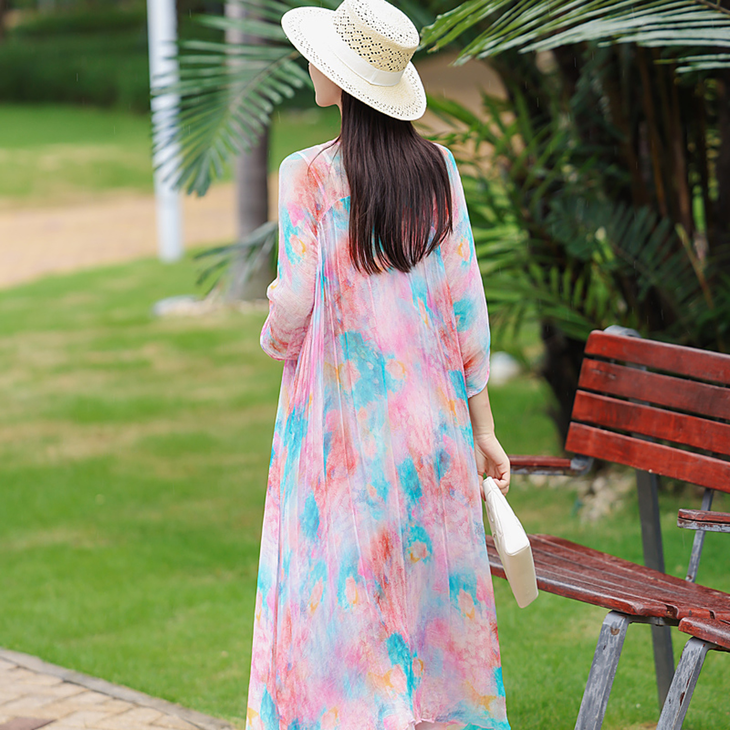 真丝套装连衣裙女100%桑蚕丝宽松遮肚显瘦时尚印花色吊带裙两件套