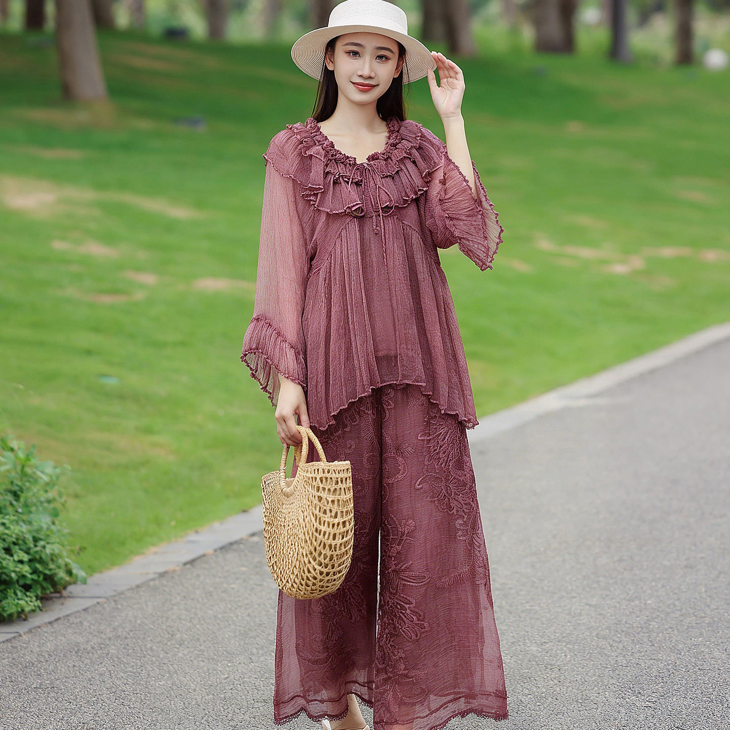 桑蚕丝时尚套装女装夏季轻薄休闲宽松遮肚上衣阔腿裤子真丝两件套