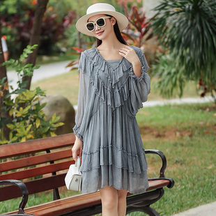 真丝桑蚕丝连衣裙女2025年新款高级感轻奢灰色宽松显瘦气质a字裙