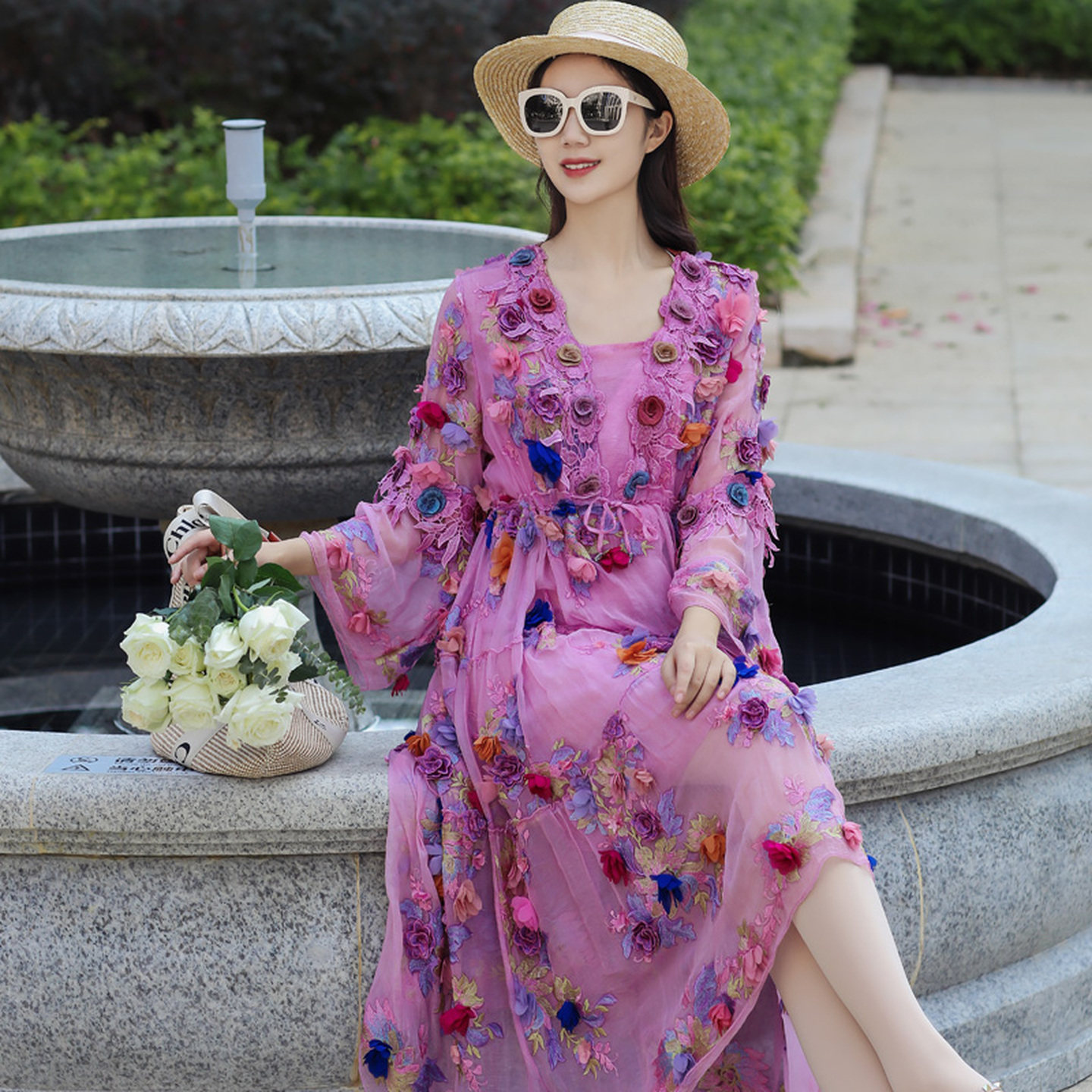 桑蚕丝连衣裙女2025新款高贵紫色收腰显瘦优雅气质刺绣真丝中长裙,女装/女士精品,连衣裙,淘宝优惠券,粉丝福利购,淘宝优惠卷