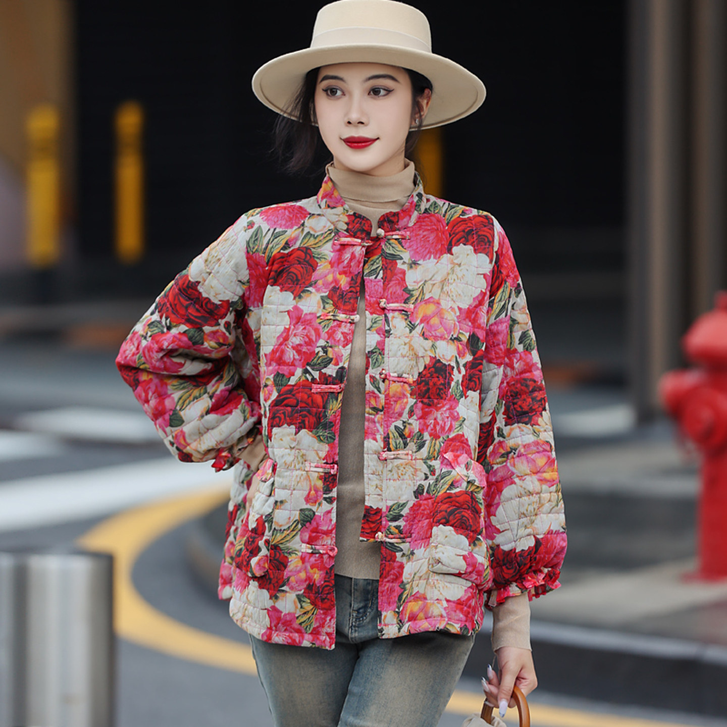 棉服女中年妈妈盘扣时尚印花气质轻盈保暖桑蚕丝棉衣短款棉袄外套