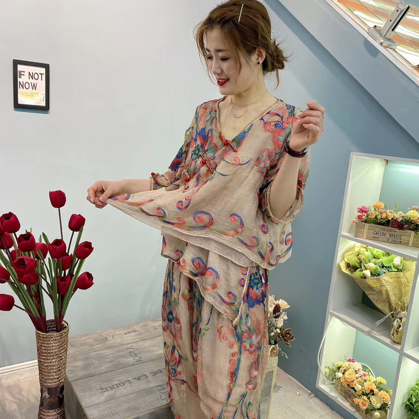 民族风女套装秋盘扣七分袖上衣哈伦裤九分裤洋气质真丝刺绣两件套