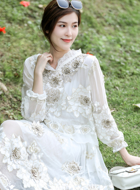 桑蚕丝白色仙女裙高级感绣花小个子显瘦洋气质收腰时尚真丝连衣裙