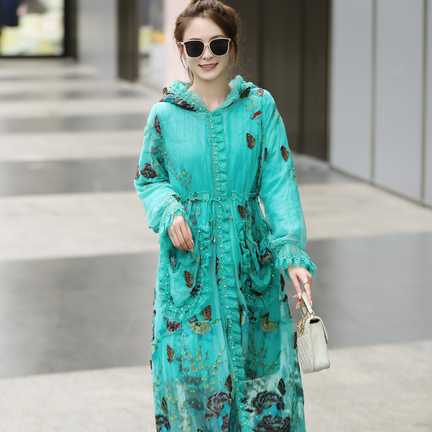 棉服女中长款连帽保暖桑蚕丝棉衣