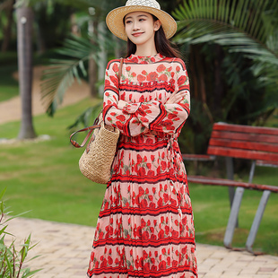真丝桑蚕丝连衣裙高级感轻奢大码女装宽松显瘦红色印花长款长裙子