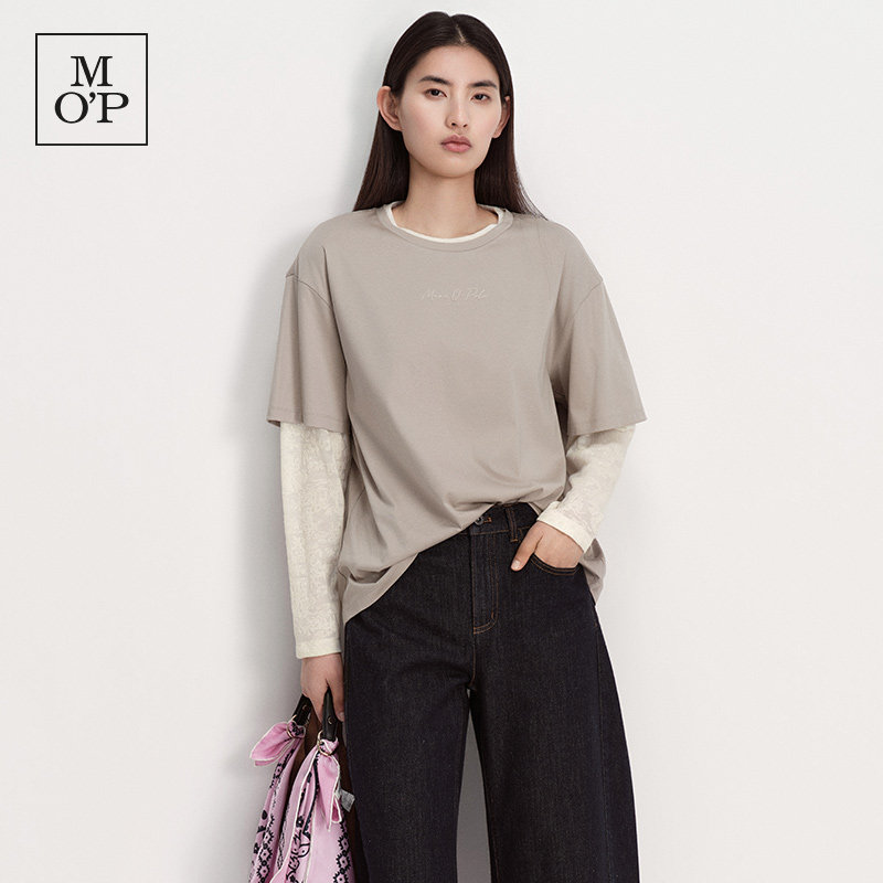 Marc O'Polo/MOP26夏季新款蚕丝混纺假两件宽松圆领长袖T恤女上衣