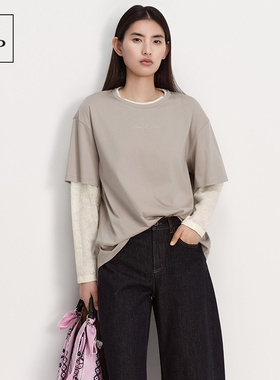 Marc O'Polo/MOP26夏季新款蚕丝混纺假两件宽松圆领长袖T恤女上衣