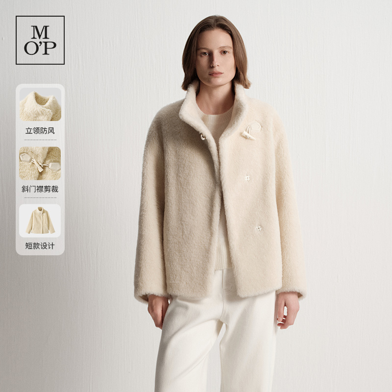 Marc O'Polo/MOP2025冬季新款牛角扣装饰羊羔毛立领斜门襟外套女
