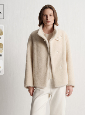 Marc O'Polo/MOP2025冬季新款牛角扣装饰羊羔毛立领斜门襟外套女