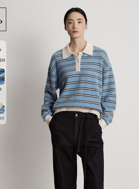 MOP25秋季新品条纹V领撞色POLO领羊驼毛绵羊毛混纺针织套头衫女士