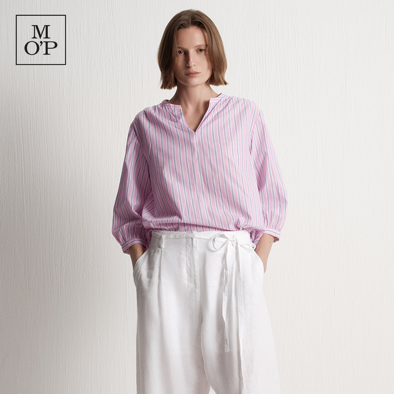 Marc O'Polo/MOP2025秋季新品100%全棉V领条纹半开襟女士衬衫上衣