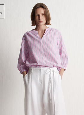 Marc O'Polo/MOP2025秋季新品100%全棉V领条纹半开襟女士衬衫上衣
