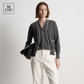 可机洗美丽诺羊毛 MOP2025秋季 新款 绵羊毛质感V领撞色针织开衫 女