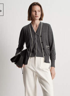 [可机洗美丽诺羊毛]MOP2025秋季新款绵羊毛质感V领撞色针织开衫女