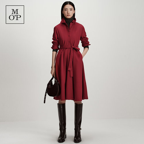 Marc O'Polo/MOP冬季新款好看V领长袖针织酒红色高腰A字连衣裙女