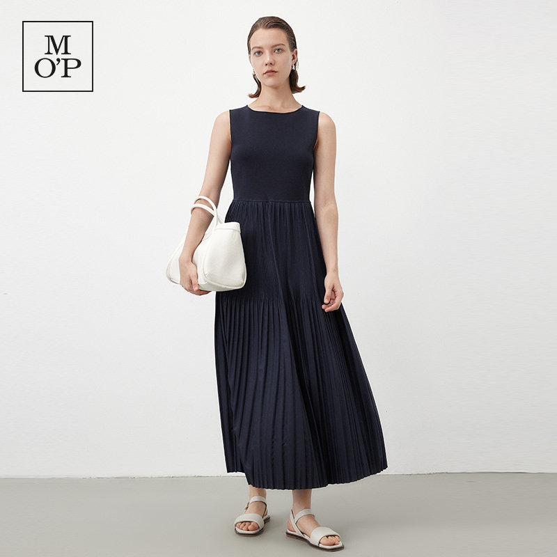 Marc O'Polo/MOP夏季新款好看背心式相拼衬衫领无袖长款连衣裙女