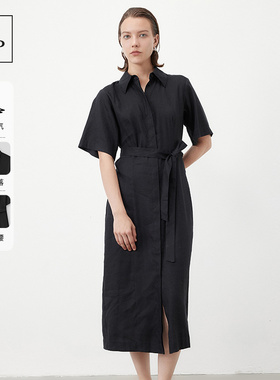 Marc O'Polo/MOP夏季新款好看黑色时尚翻领短袖收腰中长连衣裙女
