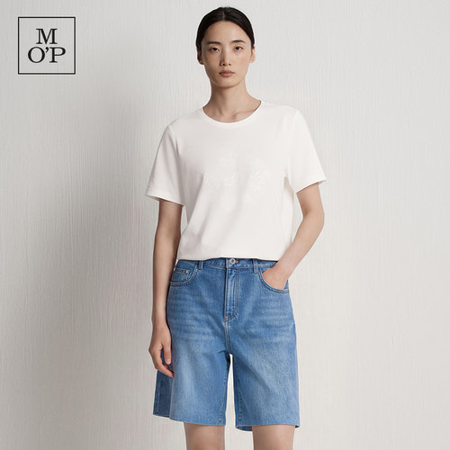 MOP刺绣图案简约白色短袖T恤女