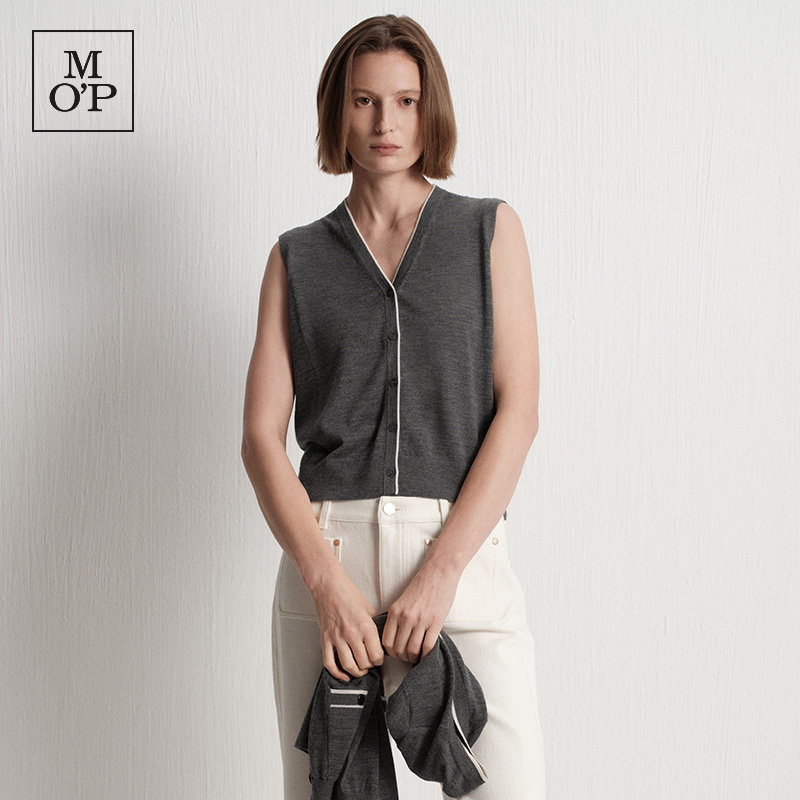 MOP绵羊毛V领可机洗毛织背心女