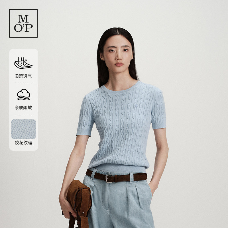 Marc O'Polo/MOP2026夏季新款刺绣logo修身时尚针织短袖套头衫女