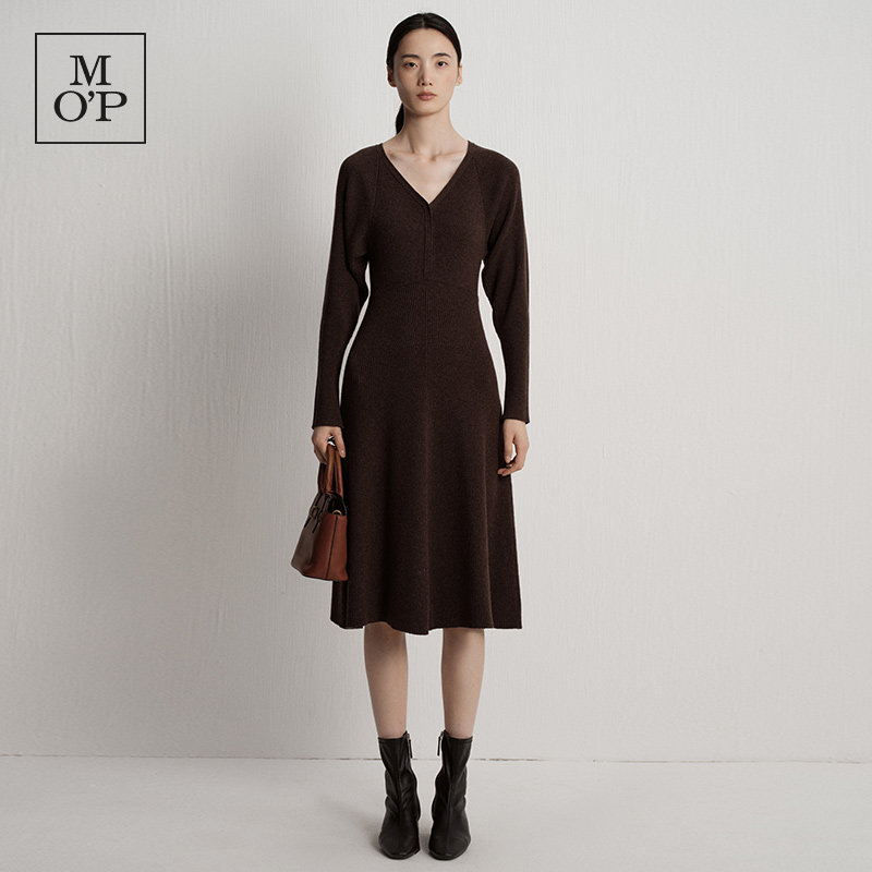 Marc O'Polo/MOP25冬季新款v领收腰羊毛棉混纺柔软舒适毛织连衣裙