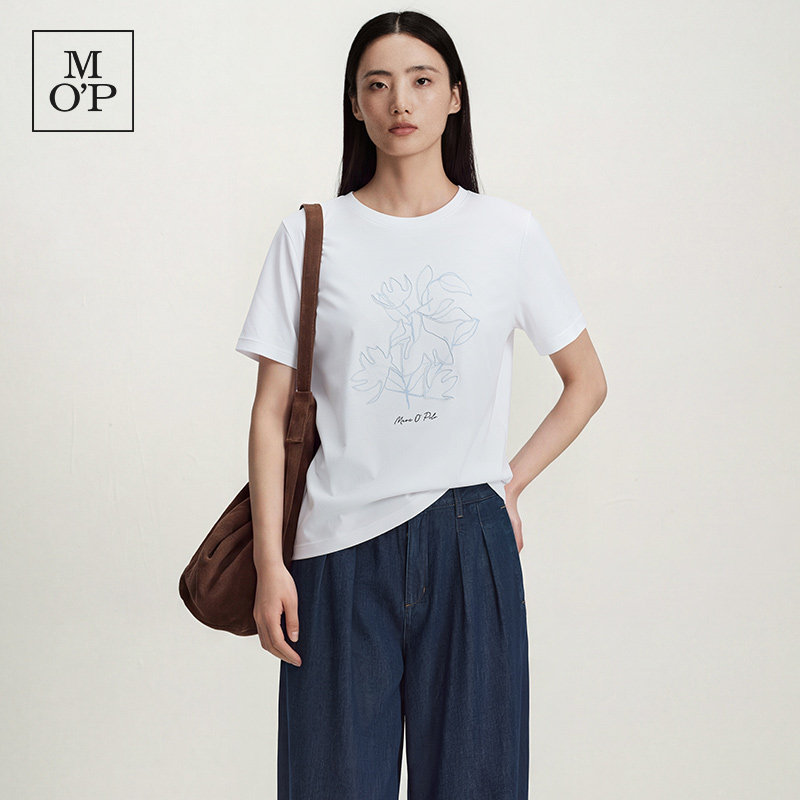 Marc O'Polo/MOP2026秋季新款简约白色短袖T恤女圆领刺绣纯棉上衣