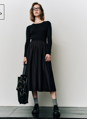 Marc O'Polo/MOP25春秋季新款黑色圆领时尚针梭拼接长袖连衣