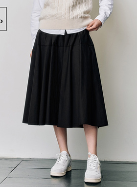 Marc O'Polo/MOP25春秋季新款黑色褶皱半身裙伞裙分割设计长半裙