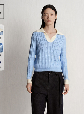 Marc O'Polo/MOP 25冬季新款海军领保暖绞花拼色翻领毛织套头衫女