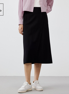 Marc O'Polo/MOP 春季新款时尚黑色复古斜开叉罗马布卫裙半身裙女