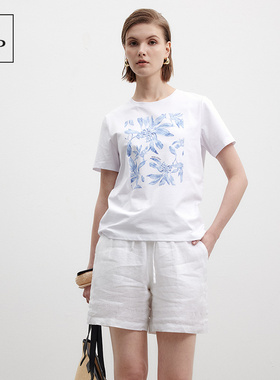 Marc O'Polo/MOP2025夏季新款方块植物印花简约宽松短袖T恤女上衣