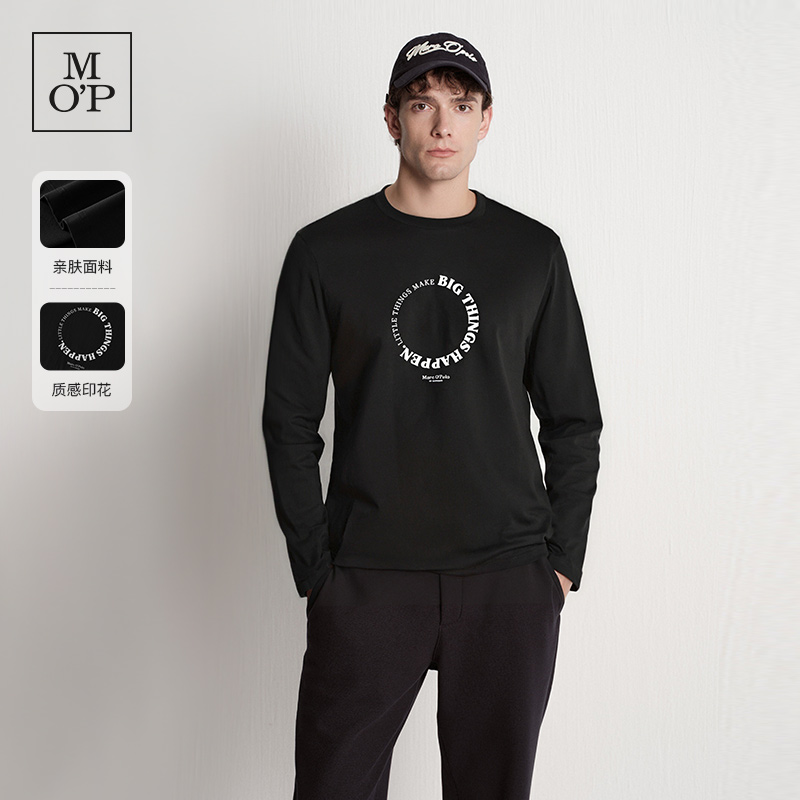 MOP简约前胸圆领印花莱卡长袖T恤