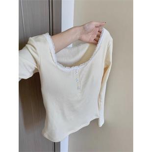 显瘦上衣服 设计感小众蕾丝方领长袖 T恤女春秋内搭短款 打底衫 修身