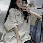 体恤上衣 T恤女夏港味chic宽松半袖 美式 复古潮牌POLO领华夫格短袖