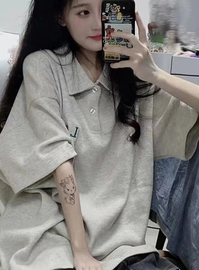 美式复古潮牌POLO领华夫格短袖T恤女夏港味chic宽松半袖体恤上衣