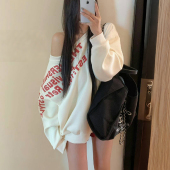 美式 复古潮牌斜领露肩无帽卫衣女春秋oversize宽松慵懒薄款 外套