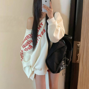 梦境花园旗舰店美式复古潮牌斜领露肩无帽卫衣女春秋oversize宽松慵懒薄款外套