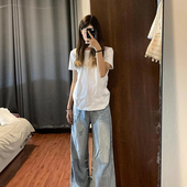 设计感小众正肩圆领纯棉短袖 百搭上衣体恤 高腰修身 T恤女夏装 短款