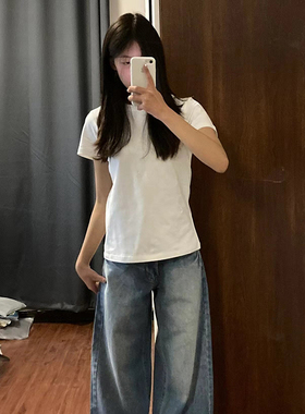 正肩圆领纯棉短袖T恤女夏基础款内搭打底衫修身简约百搭体恤上衣