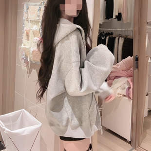 美式复古街头连帽卫衣女春秋oversize薄款外套chic慵懒开衫上衣