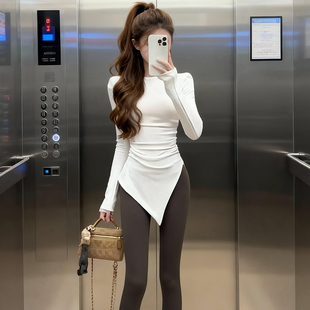 不规则中长款德绒打底衫女秋冬辣妹修身包臀收腰上衣加绒保暖T恤