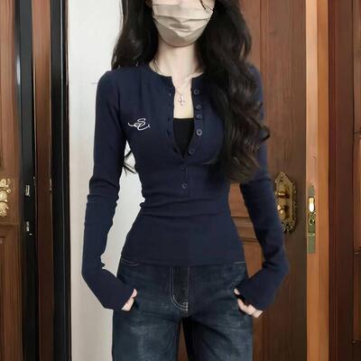 美式辣妹短款纽扣纯棉长袖T恤