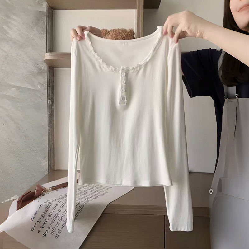 短款修身蕾丝U领德绒打底衫
